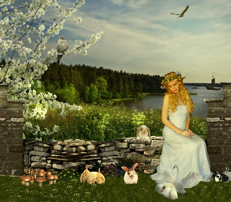 Woman in White Dress — Serene, Spring, Digital Art, Bunnies