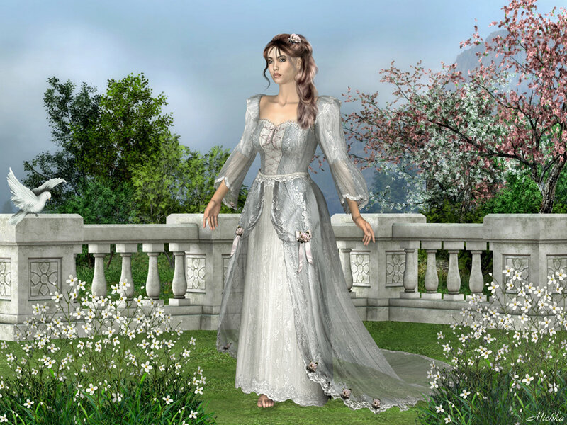 Woman in White Dress — Serene, Spring, Digital Art, Dove