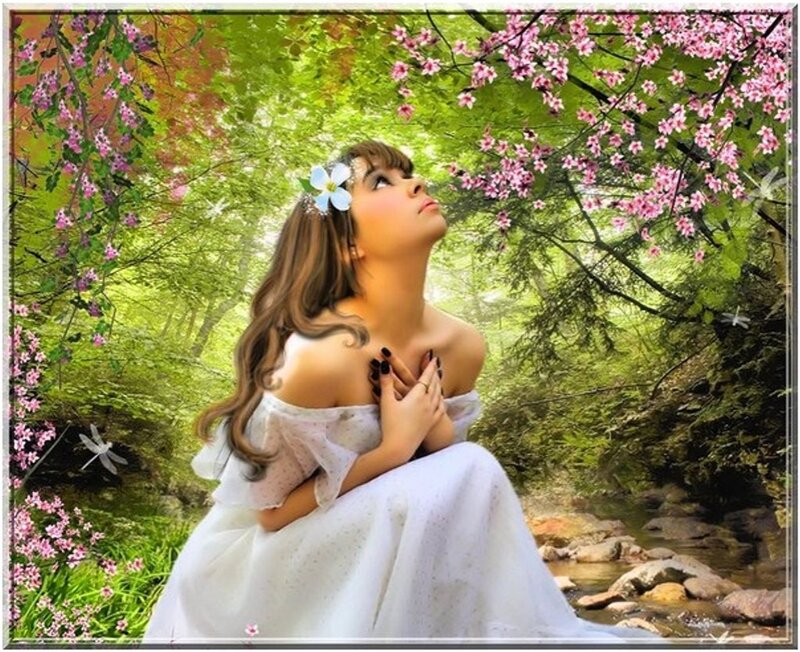 Woman in White Dress — Serene, Spring, Digital Art, Flowers, Stream