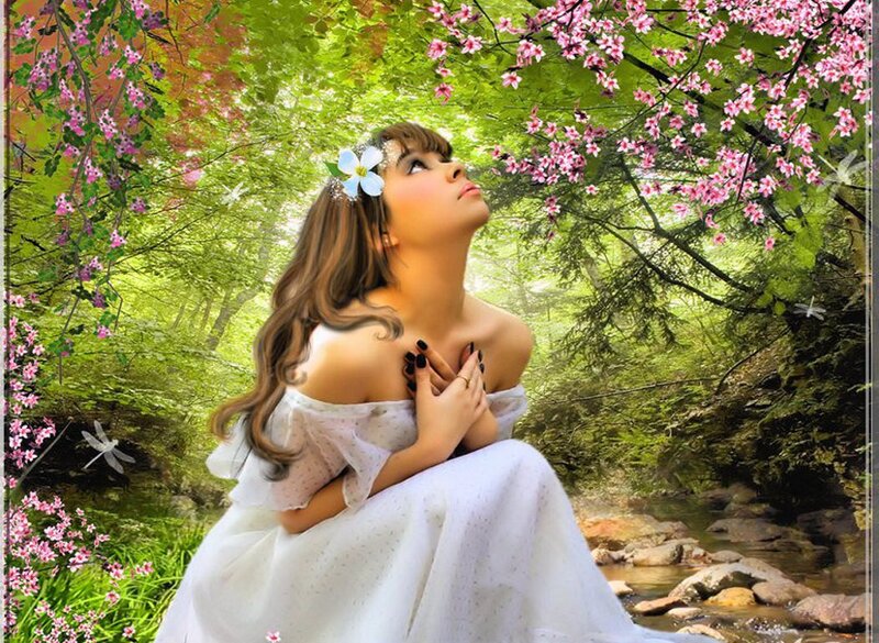 Woman in White Dress — Serene, Spring, Digital Art, Flowers