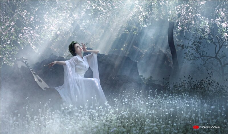 Woman in White Dress — Serene, Spring, Digital Art, Flowers, Trees