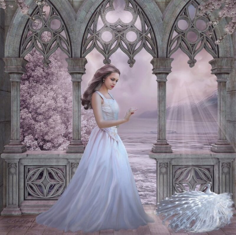 Woman in White Dress — Serene, Spring, Digital Art, Peacock