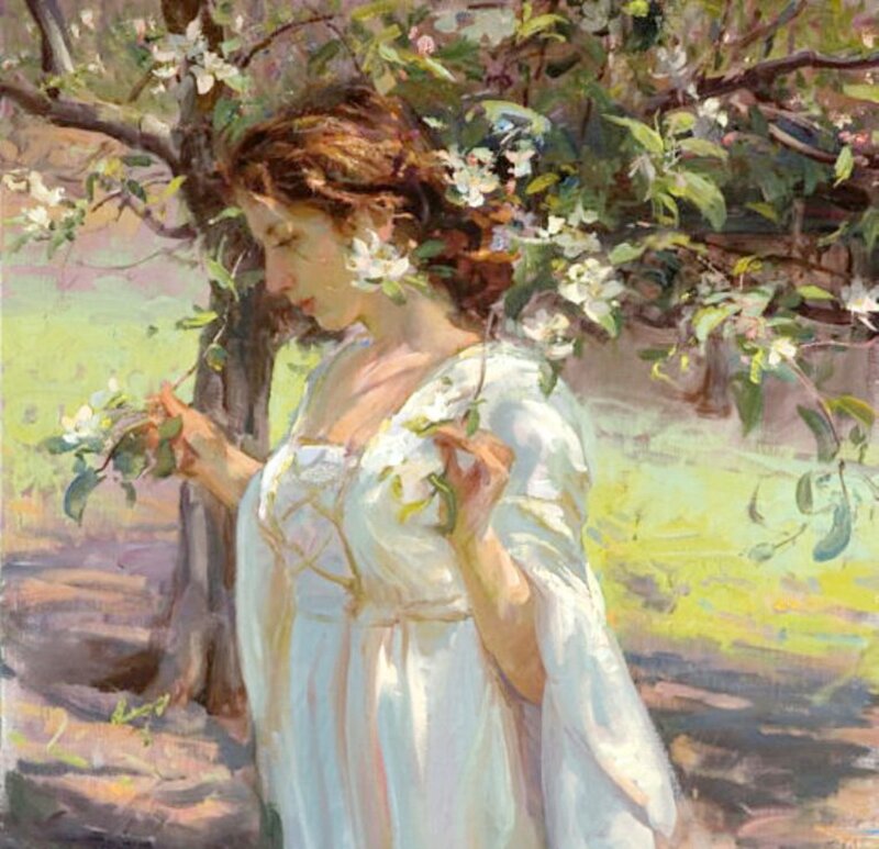 Woman in White Dress — Serene, Spring, Painting