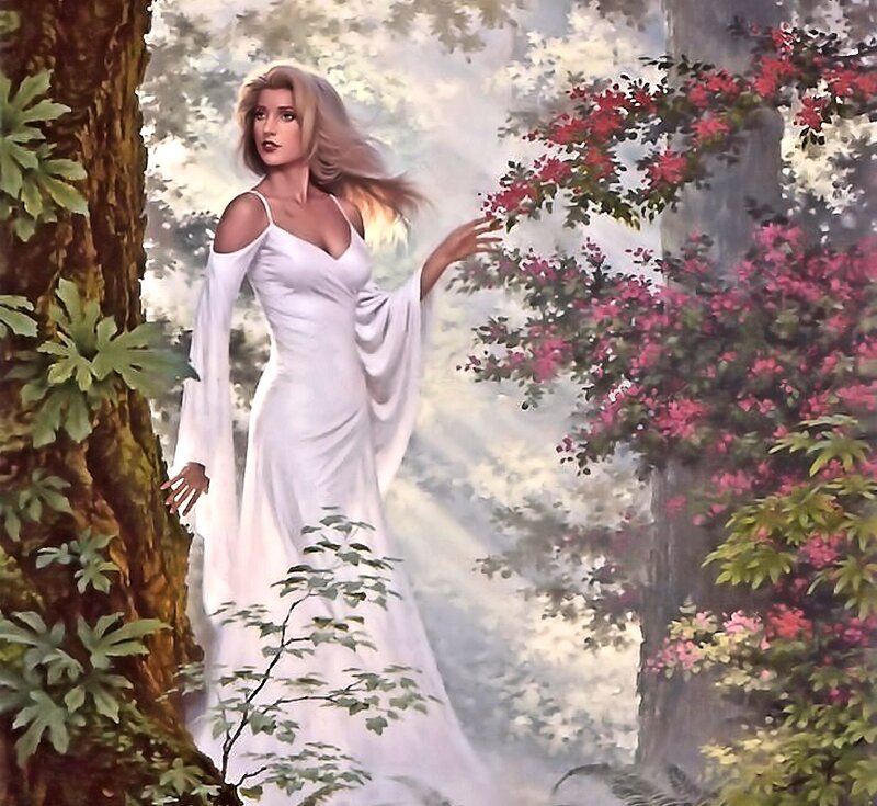 Woman in White Dress — Serene, Spring, Painting, Tree