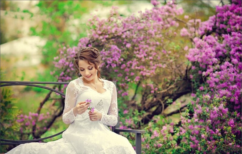 Woman in White Dress — Serene, Spring, Photograph, Bench