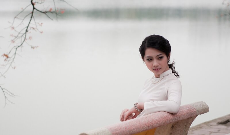 Woman in White Dress — Serene, Spring, Photograph, Bench, Tree Branch