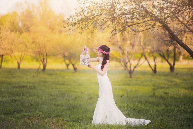 Woman in White Dress — Serene, Spring, Photograph, Birdcage