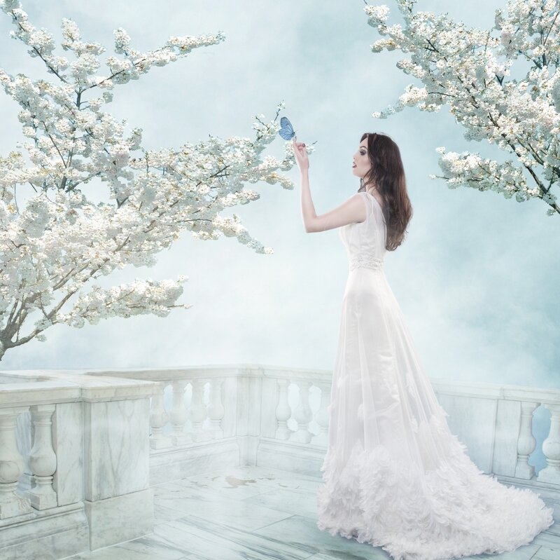 Woman in White Dress — Serene, Spring, Photograph, Butterfly