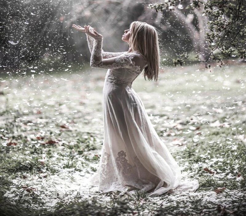 Woman in White Dress — Serene, Spring, Photograph, Feathers