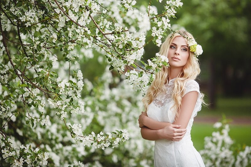 Woman in White Dress — Serene, Spring, Photograph, Flower Crown, White Flowers