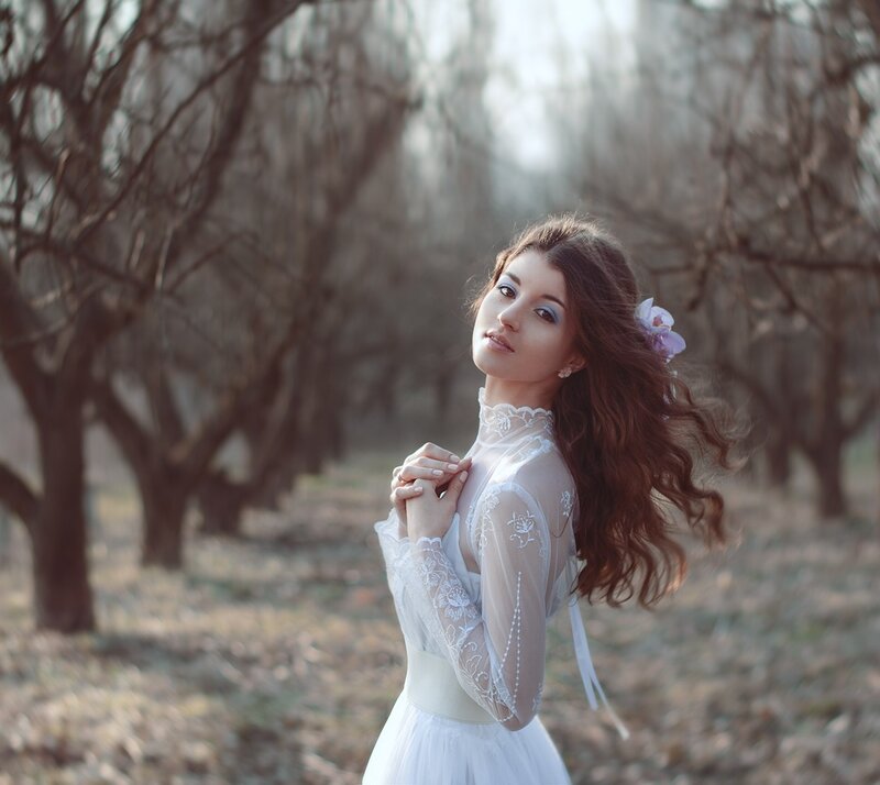 Woman in White Dress — Serene, Spring, Photograph, Flower