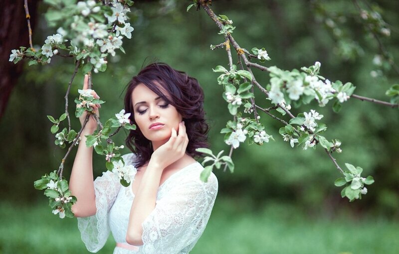 Woman in White Dress — Serene, Spring, Photograph, Flowering Branches