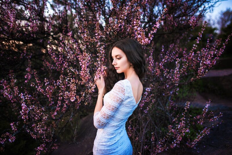Woman in White Dress — Serene, Spring, Photograph, Flowering Tree, Blossoms