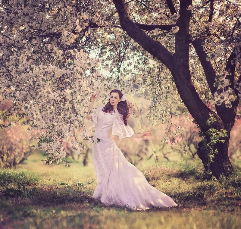 Woman in White Dress — Serene, Spring, Photograph, Flowering Tree, Grass, Branches