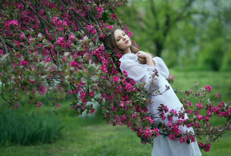 Woman in White Dress — Serene, Spring, Photograph, Flowering Tree, Green Grass
