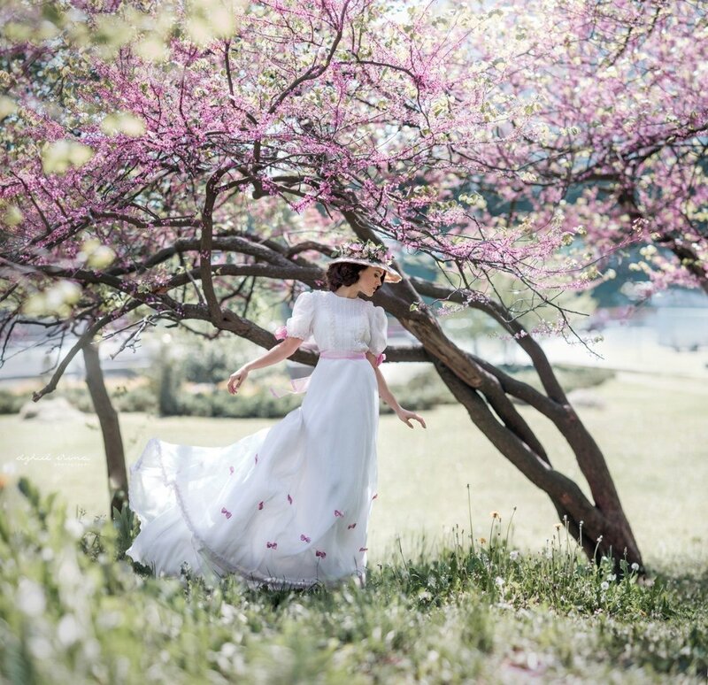 Woman in White Dress — Serene, Spring, Photograph, Flowering Tree, Hat