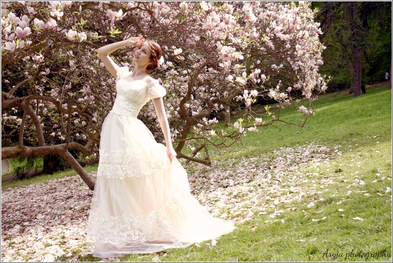 Woman in White Dress — Serene, Spring, Photograph, Flowering Tree