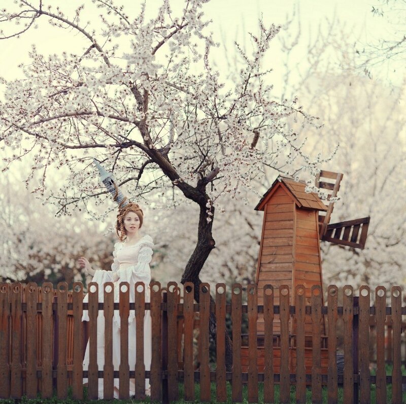 Woman in White Dress — Serene, Spring, Photograph, Flowering Tree, Windmill