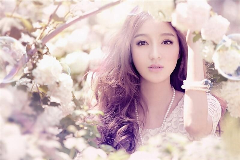 Woman in White Dress — Serene, Spring, Photograph, Flowers, Pearl Necklace