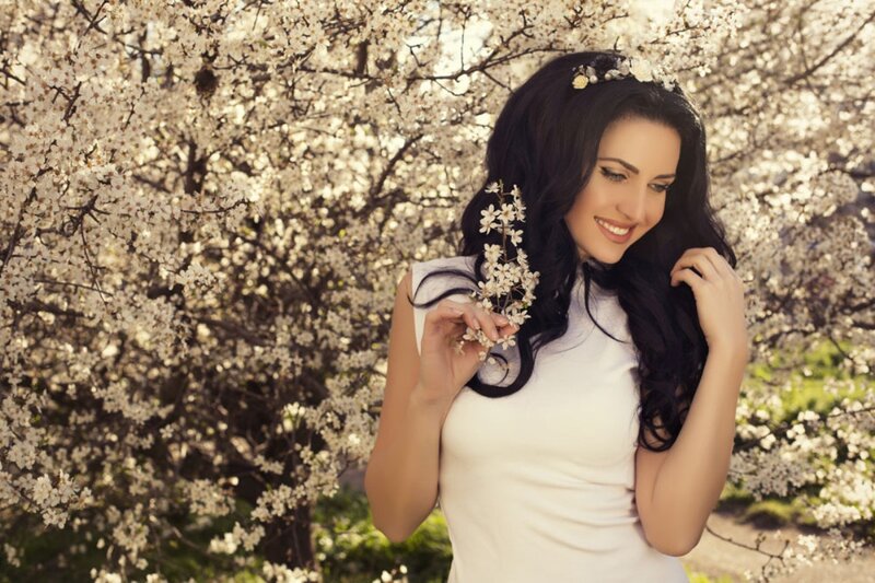 Woman in White Dress — Serene, Spring, Photograph, Flowers, Tree
