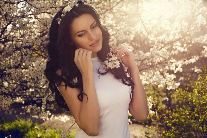 Woman in White Dress — Serene, Spring, Photograph, Flowers, Trees, Sunlight