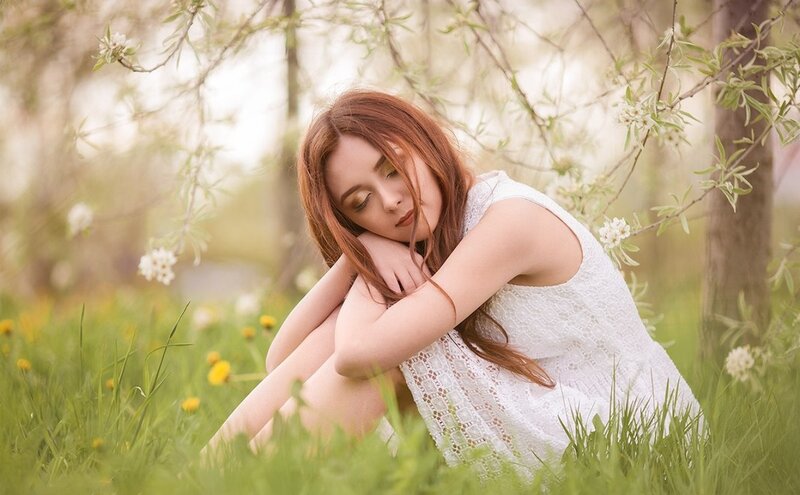 Woman in White Dress — Serene, Spring, Photograph, Grass
