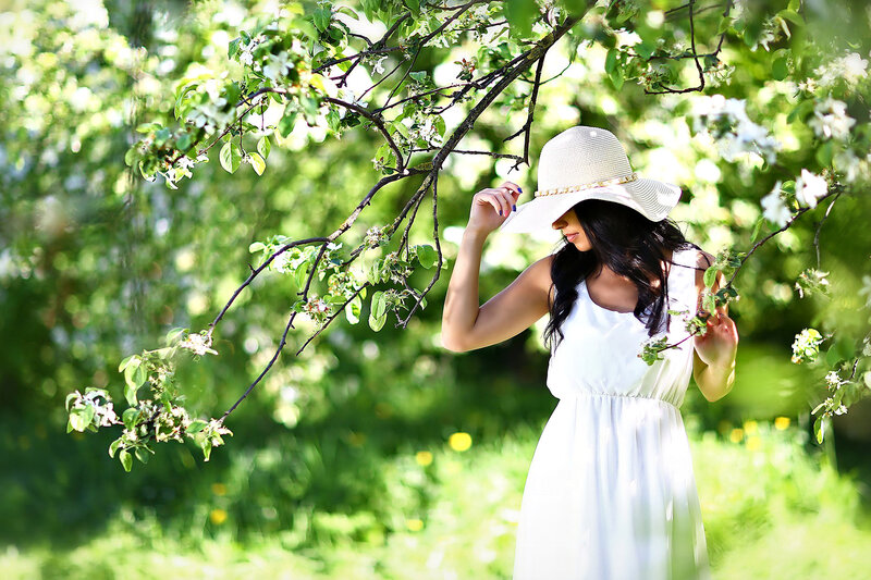 Woman in White Dress — Serene, Spring, Photograph, Hat