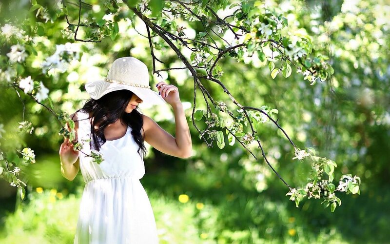 Woman in White Dress — Serene, Spring, Photograph, Hat, Tree Branches