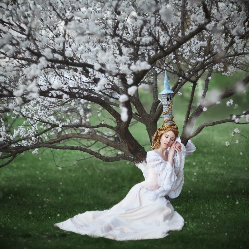Woman in White Dress — Serene, Spring, Photograph, Tree, Castle Tower