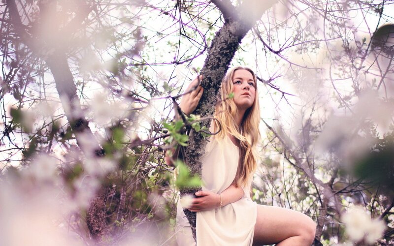 Woman in White Dress — Serene, Spring, Photograph, Tree, Flowers, Branches