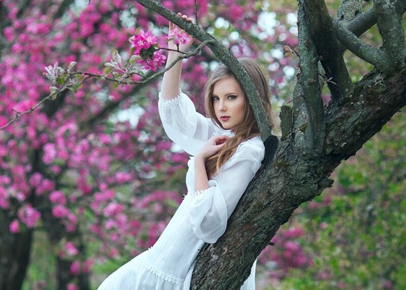 Woman in White Dress — Serene, Spring, Photograph, Tree, Flowers