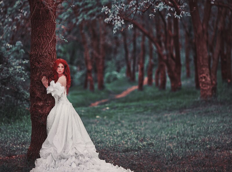 Woman in White Dress — Serene, Spring, Photograph, Tree, Forest
