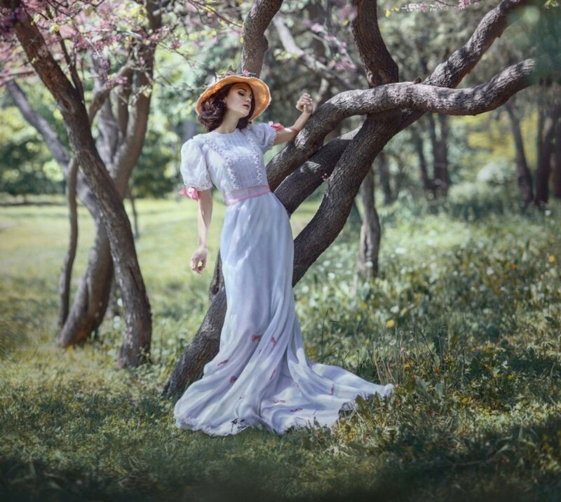 Woman in White Dress — Serene, Spring, Photograph, Tree, Hat