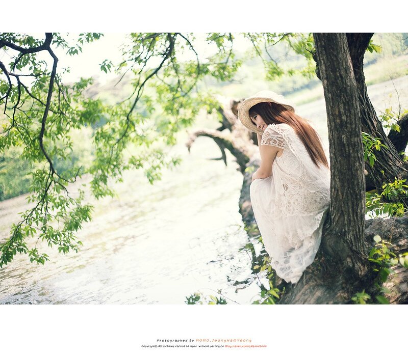 Woman in White Dress — Serene, Spring, Photograph, Tree, River