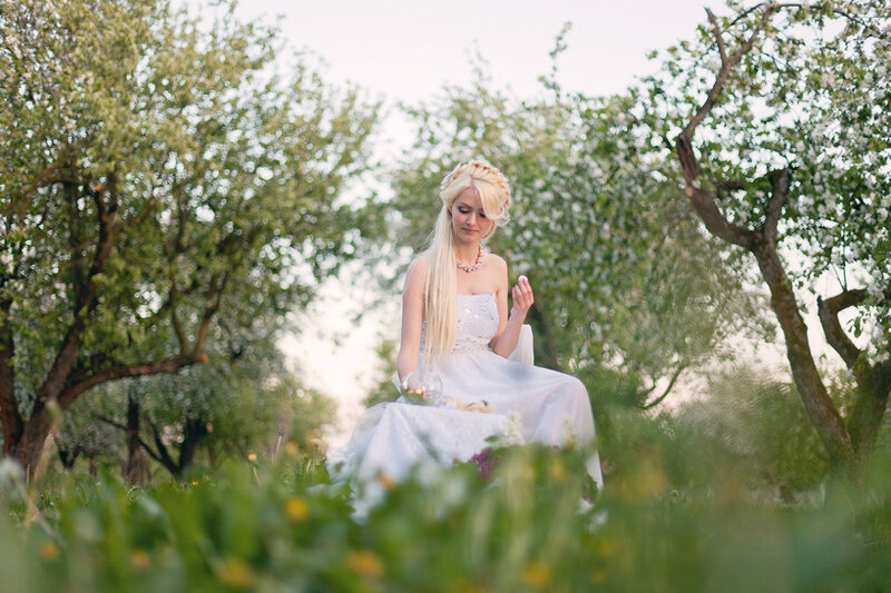 Woman in White Dress — Serene, Spring, Photograph, Trees