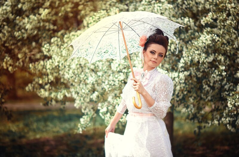 Woman in White Dress — Serene, Spring, Photograph, Umbrella