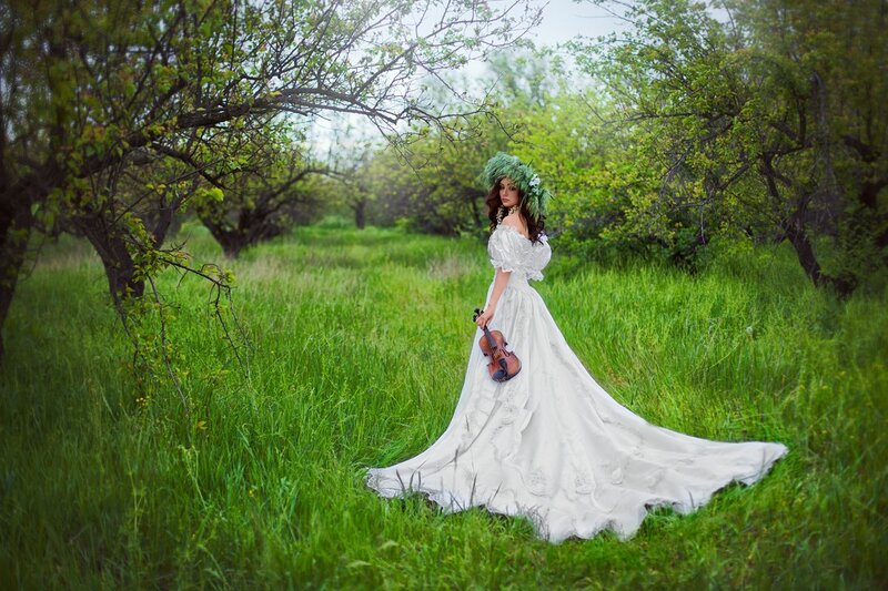 Woman in White Dress — Serene, Spring, Photograph, Violin