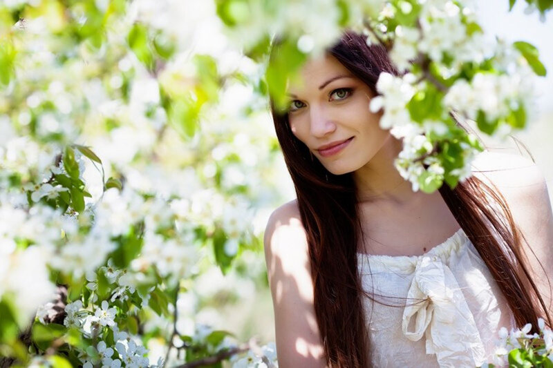 Woman in White Dress — Serene, Spring, Photograph, White Flowers
