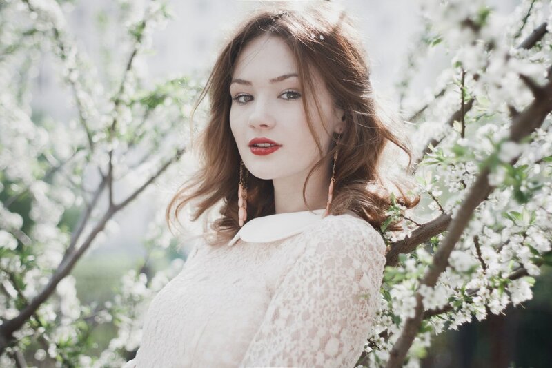 Woman in White Dress — Serene, Spring, Photograph, White Flowers, Tree Branches, Lace Dress