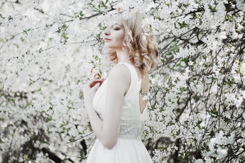 Woman in White Dress — Serene, Spring, Photograph, White Flowers, Tree Branches