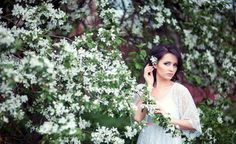 Woman in White Dress — Serene, Spring, Photograph, White Flowers, Tree