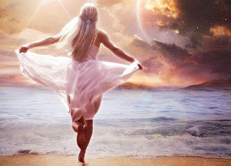 Woman in White Dress — Serene, Sunset, Digital Art, Beach