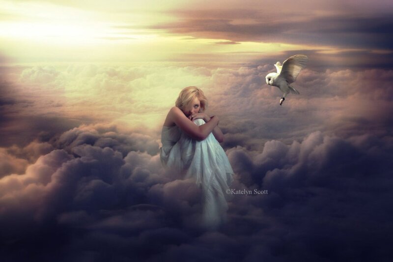 Woman in White Dress — Serene, Sunset, Digital Art, Bird