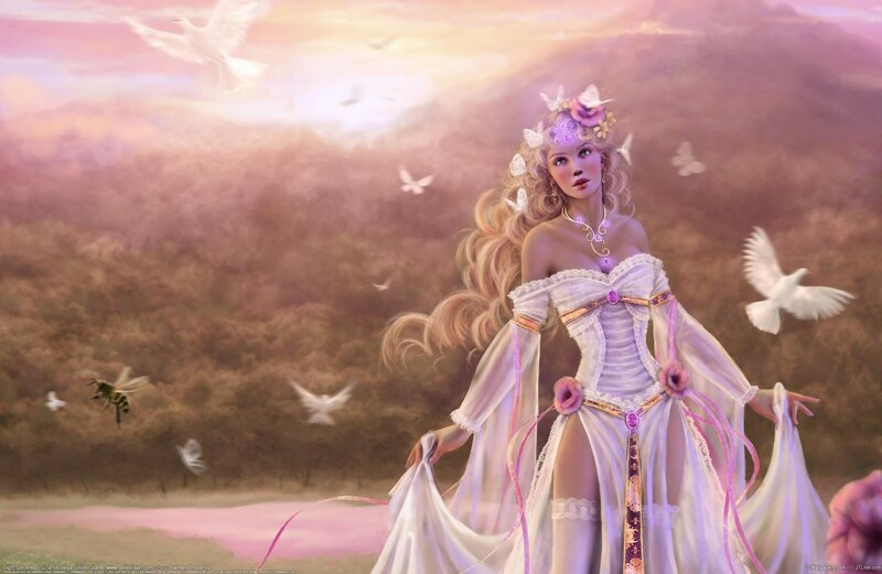 Woman in White Dress — Serene, Sunset, Digital Art, Birds