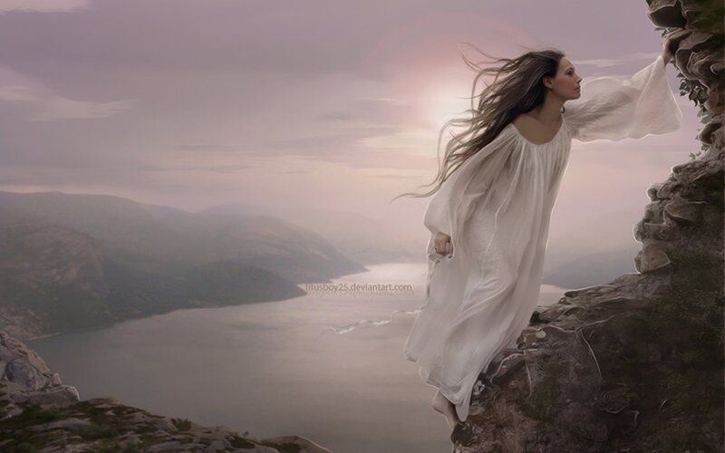 Woman in White Dress — Serene, Sunset, Digital Art, Cliff
