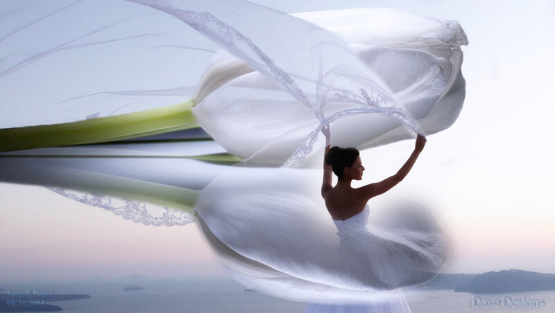Woman in White Dress — Serene, Sunset, Digital Art, Flower