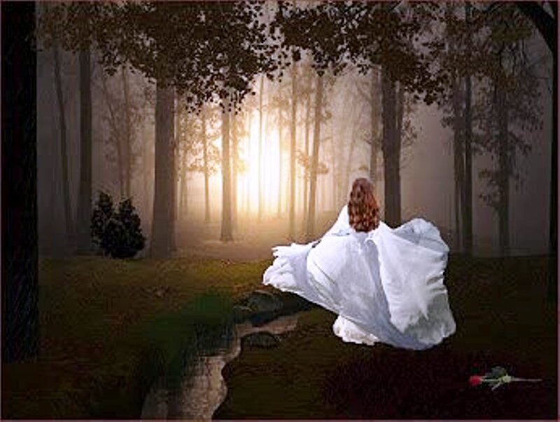 Woman in White Dress — Serene, Sunset, Digital Art, Forest, Sunlight