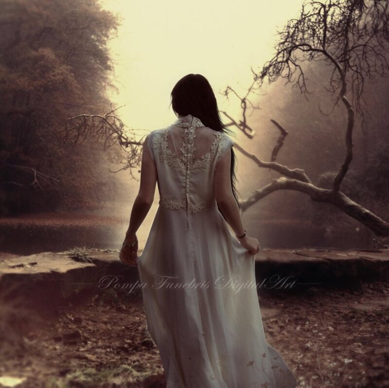 Woman in White Dress — Serene, Sunset, Digital Art, Forest, Tree