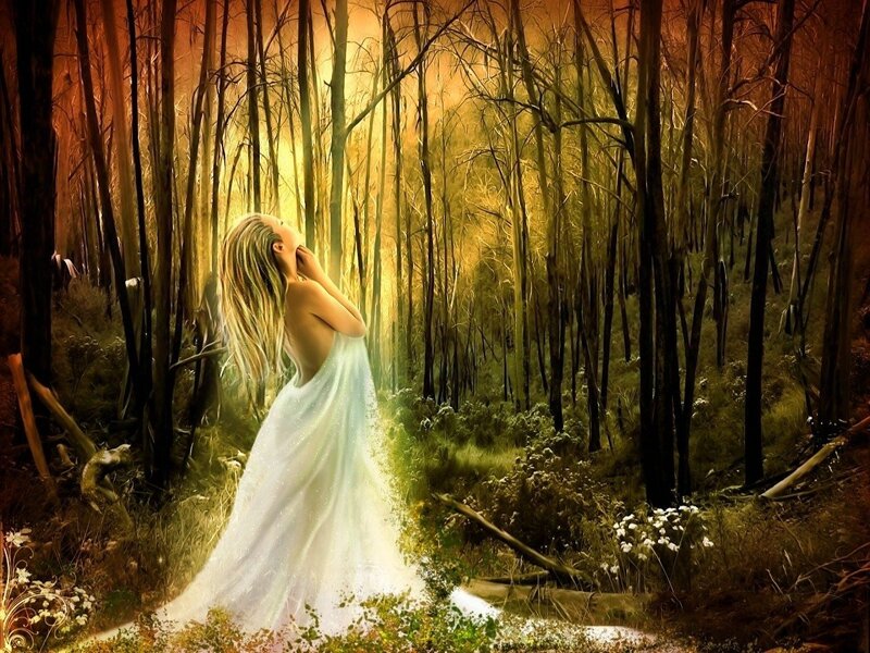 Woman in White Dress — Serene, Sunset, Digital Art, Forest, Trees