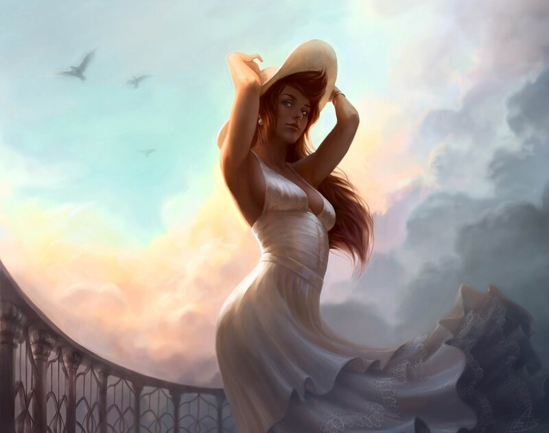 Woman in White Dress — Serene, Sunset, Digital Art, Hat, Birds, Balcony